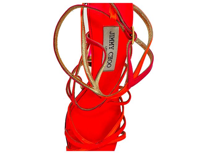 Sandali con tacco e cinturini Jimmy Choo in pelle arancione neon e rosa - vista 10