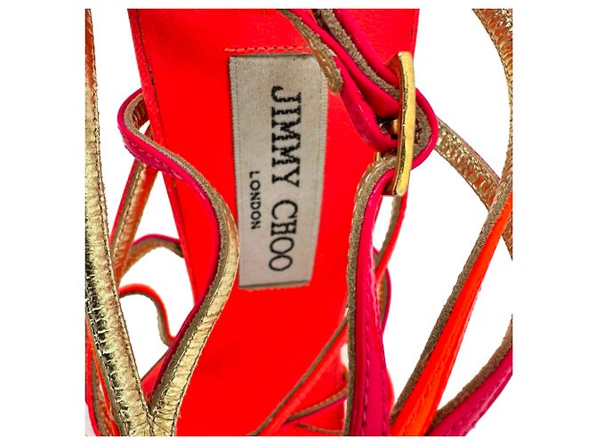Sandali con tacco e cinturini Jimmy Choo in pelle arancione neon e rosa - vista 11