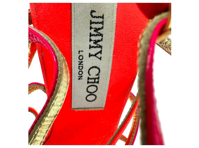 Sandali con tacco e cinturini Jimmy Choo in pelle arancione neon e rosa - vista 12