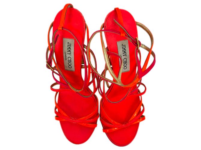 Sandali con tacco e cinturini Jimmy Choo in pelle arancione neon e rosa - vista 4