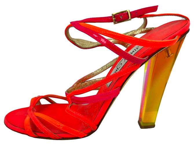 Sandali con tacco e cinturini Jimmy Choo in pelle arancione neon e rosa - vista 7