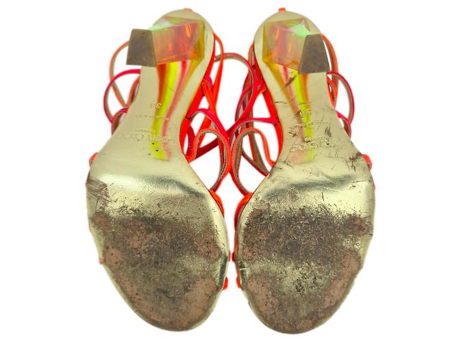 Sandali con tacco e cinturini Jimmy Choo in pelle arancione neon e rosa - vista 8