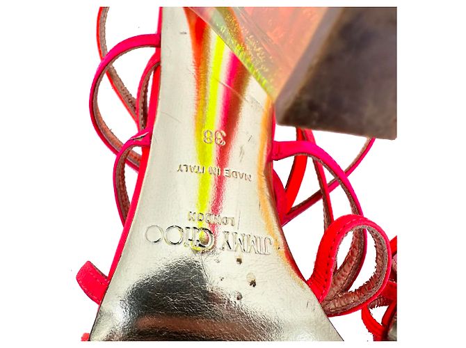 Sandali con tacco e cinturini Jimmy Choo in pelle arancione neon e rosa - vista 9