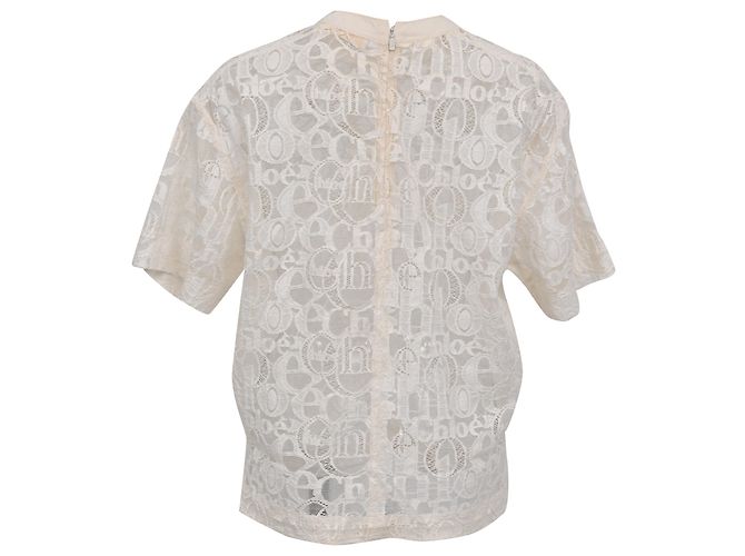 Chloé Logo Lace Patterned Blouse in Ivory Cotton White Cream - view 3