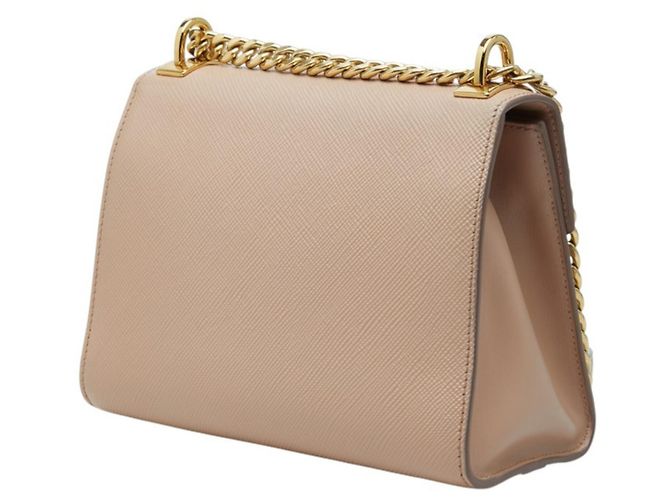Saffiano Bolsa de Ombro Prada Logo Chain Bege - vista 2