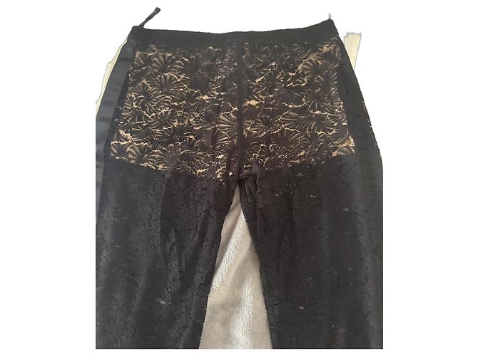 Calças Chanel de renda pretas com riscas laterais de cetim Preto - vista 2