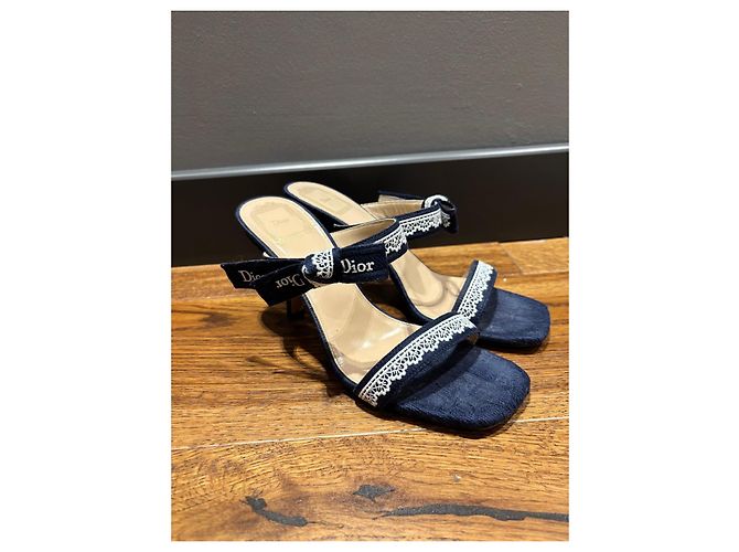 Autre Marque Dior Sandali con tacco in denim blu navy e pizzo - vista 10