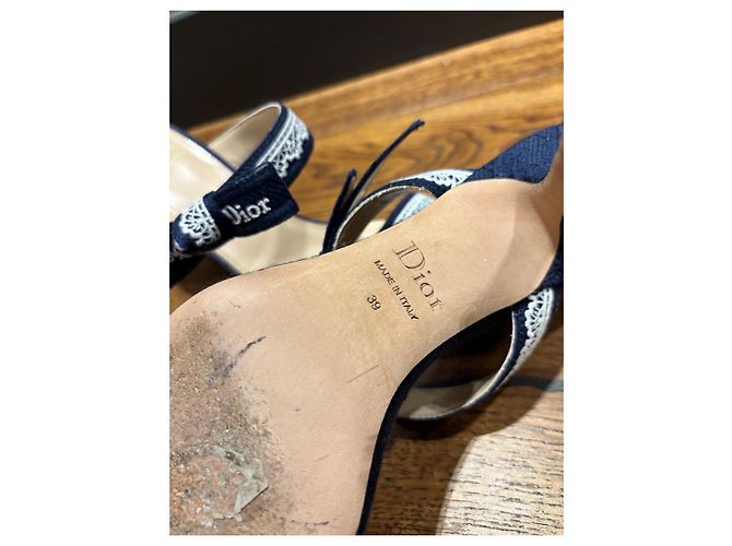 Autre Marque Dior Sandali con tacco in denim blu navy e pizzo - vista 5
