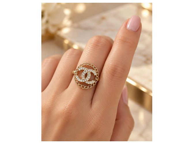 Anillo Chanel CC Cadena y Cristales Dorado - vista 5