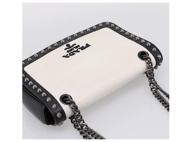 Borsa a tracolla con catena PRADA in pelle Bianco Nero Auth mr2939A - vista 6