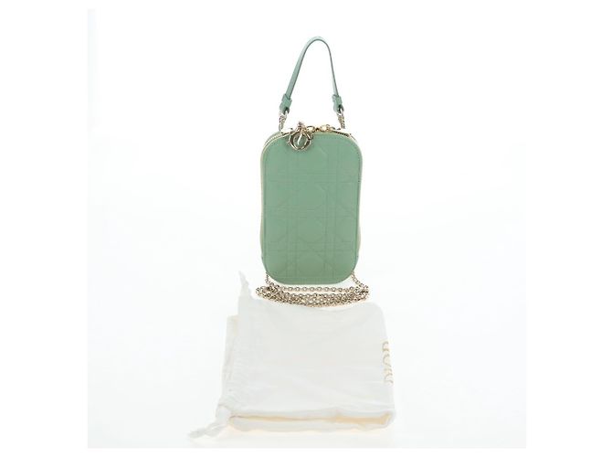 Christian Dior Cannage Chain Shoulder Phone Pouch Lamb Skin 2way Auth 203691V D'oro Verde - vista 12