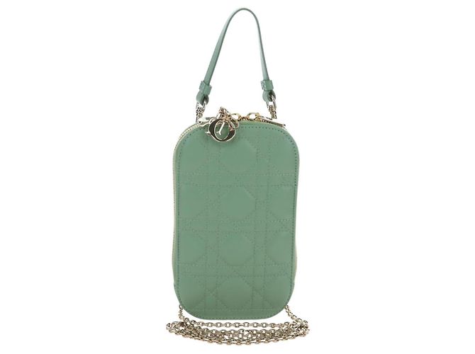 Christian Dior Cannage Chain Shoulder Phone Pouch Lamb Skin 2way Auth 203691V D'oro Verde - vista 13