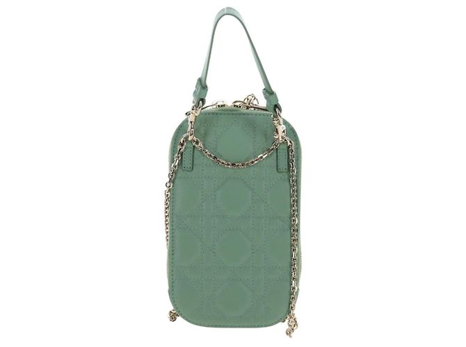 Christian Dior Cannage Chain Shoulder Phone Pouch Lamb Skin 2way Auth 203691V D'oro Verde - vista 2