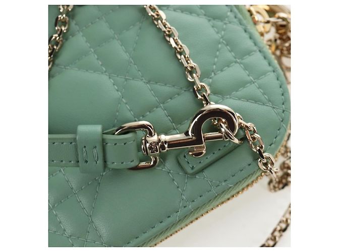 Christian Dior Cannage Chain Shoulder Phone Pouch Lamb Skin 2way Auth 203691V D'oro Verde - vista 20