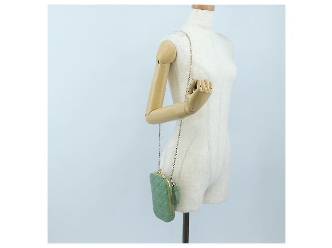Christian Dior Cannage Chain Shoulder Phone Pouch Lamb Skin 2way Auth 203691V D'oro Verde - vista 28