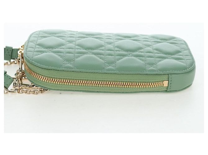 Christian Dior Cannage Chain Shoulder Phone Pouch Lamb Skin 2way Auth 203691V D'oro Verde - vista 3