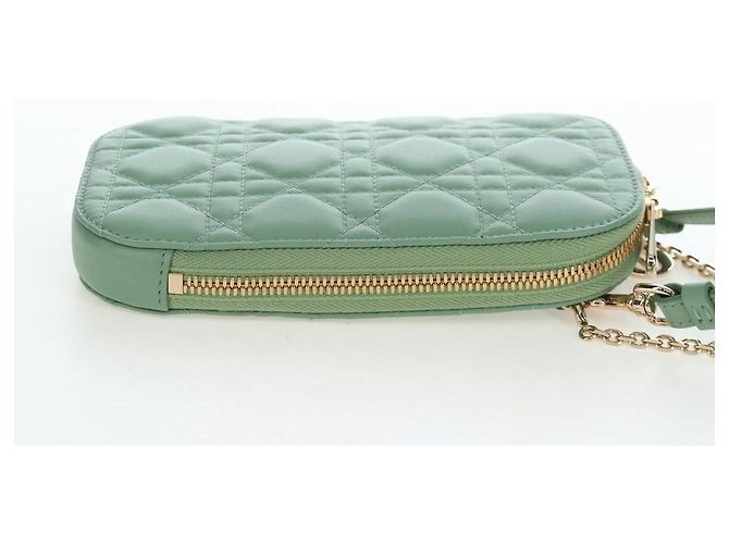 Christian Dior Cannage Chain Shoulder Phone Pouch Lamb Skin 2way Auth 203691V D'oro Verde - vista 4