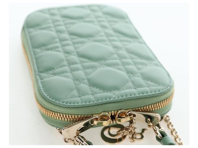 Christian Dior Cannage Chain Shoulder Phone Pouch Lamb Skin 2way Auth 203691V D'oro Verde - vista 6