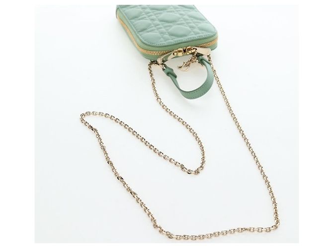Christian Dior Cannage Chain Shoulder Phone Pouch Lamb Skin 2way Auth 203691V D'oro Verde - vista 8