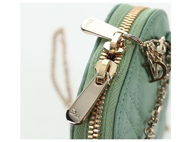 Christian Dior Cannage Chain Shoulder Phone Pouch Lamb Skin 2way Auth 203691V D'oro Verde - vista 9