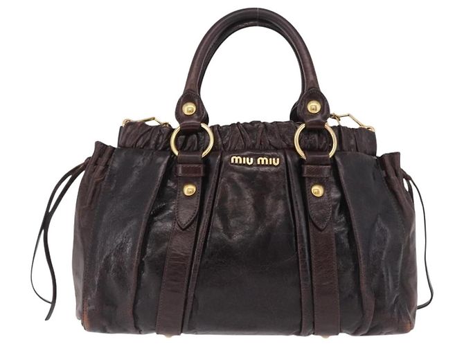 Borsa a Mano Miu Miu Vitellolux 2way Marrone Scuro Oro Auth 202590V D'oro - vista 13