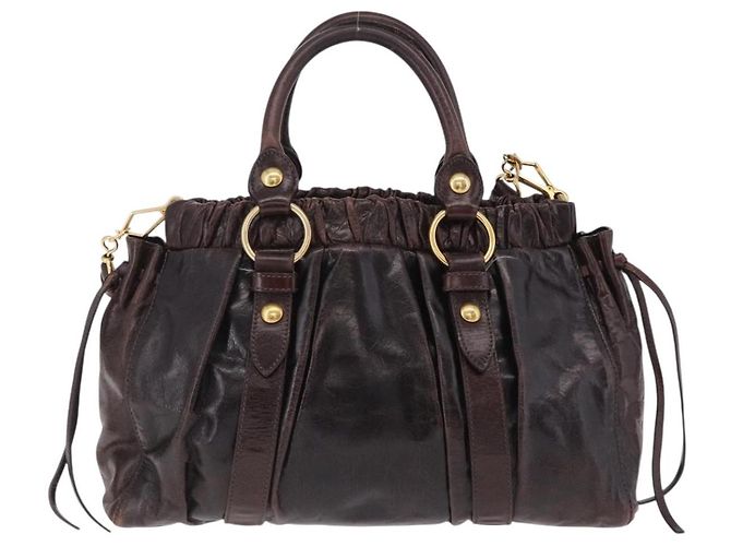 Borsa a Mano Miu Miu Vitellolux 2way Marrone Scuro Oro Auth 202590V D'oro - vista 2