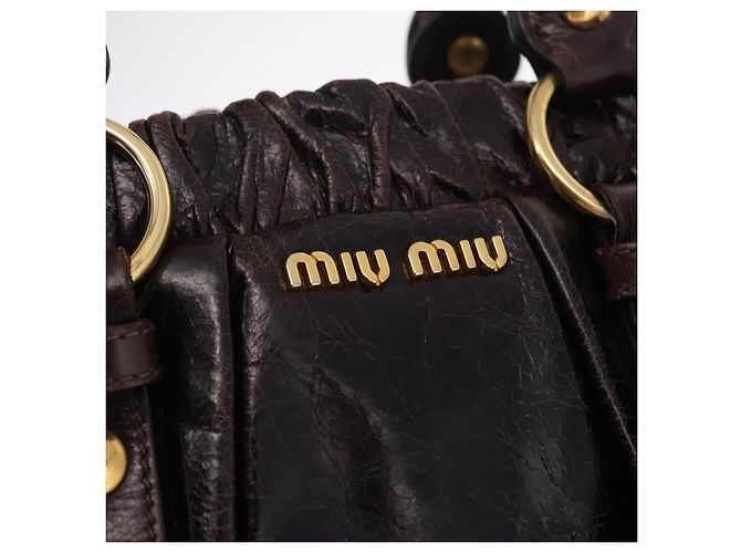 Borsa a Mano Miu Miu Vitellolux 2way Marrone Scuro Oro Auth 202590V D'oro - vista 22