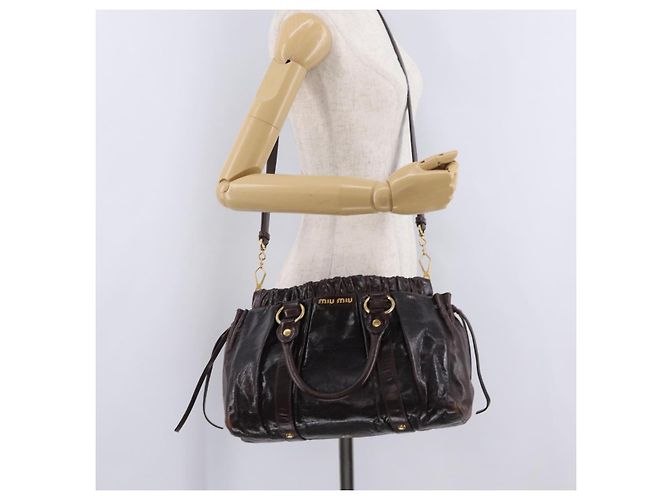 Borsa a Mano Miu Miu Vitellolux 2way Marrone Scuro Oro Auth 202590V D'oro - vista 28