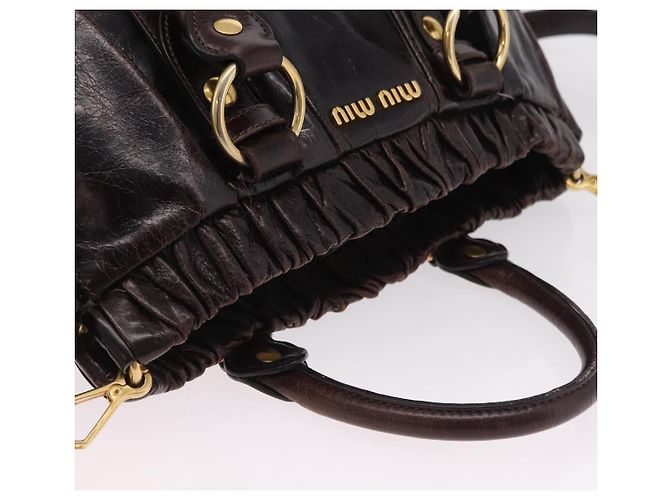 Borsa a Mano Miu Miu Vitellolux 2way Marrone Scuro Oro Auth 202590V D'oro - vista 6