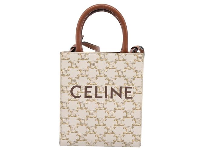 Céline Borsa a mano CELINE Macadam Vertical Cabas PVC 2way Avorio Tono Oro Auth 205927M Crudo - vista 13