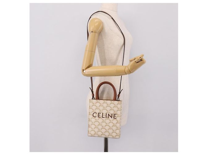 Céline Borsa a mano CELINE Macadam Vertical Cabas PVC 2way Avorio Tono Oro Auth 205927M Crudo - vista 21