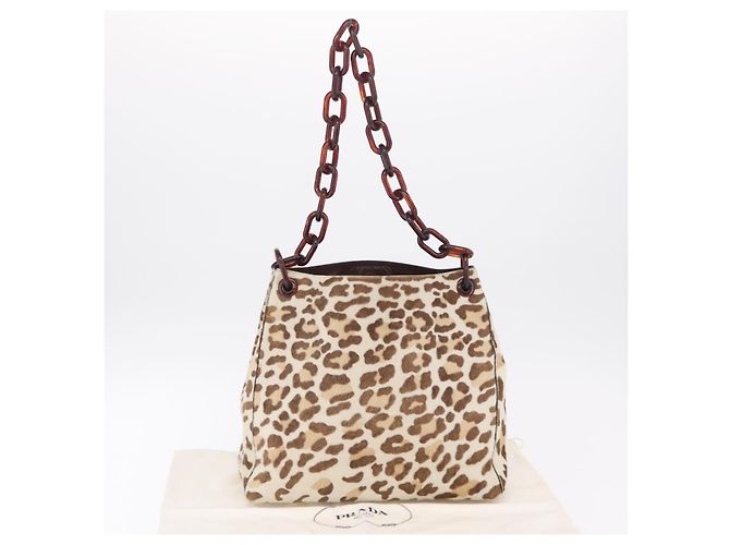 Bolso de hombro PRADA con cadena de plástico Cuero Harako Beige Silver Auth 206034V Plata - vista 12