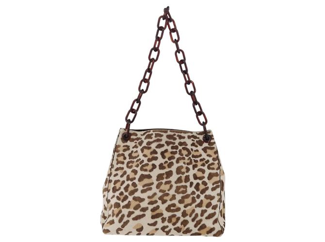 Bolso de hombro PRADA con cadena de plástico Cuero Harako Beige Silver Auth 206034V Plata - vista 13