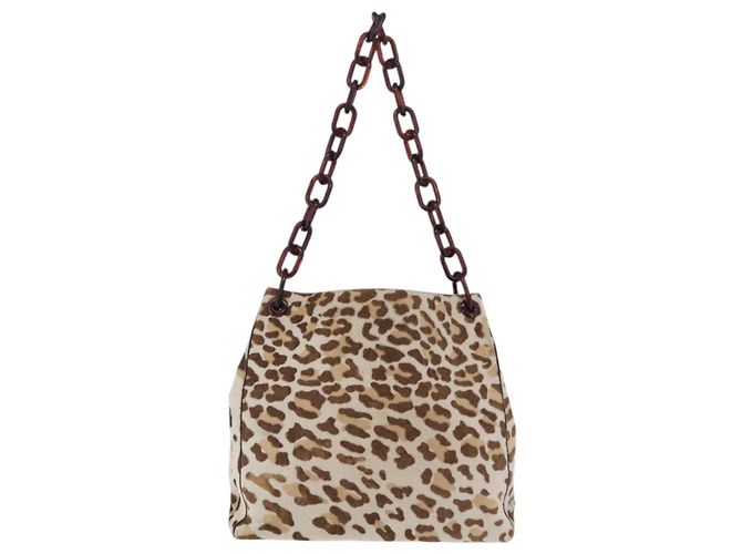 Bolso de hombro PRADA con cadena de plástico Cuero Harako Beige Silver Auth 206034V Plata - vista 2