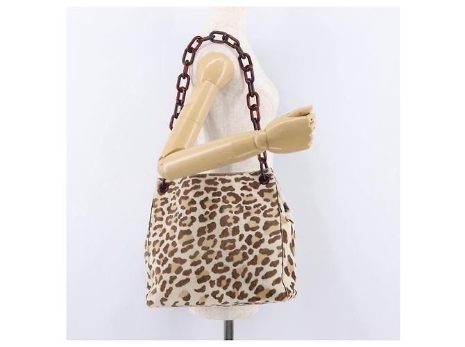 Bolso de hombro PRADA con cadena de plástico Cuero Harako Beige Silver Auth 206034V Plata - vista 25