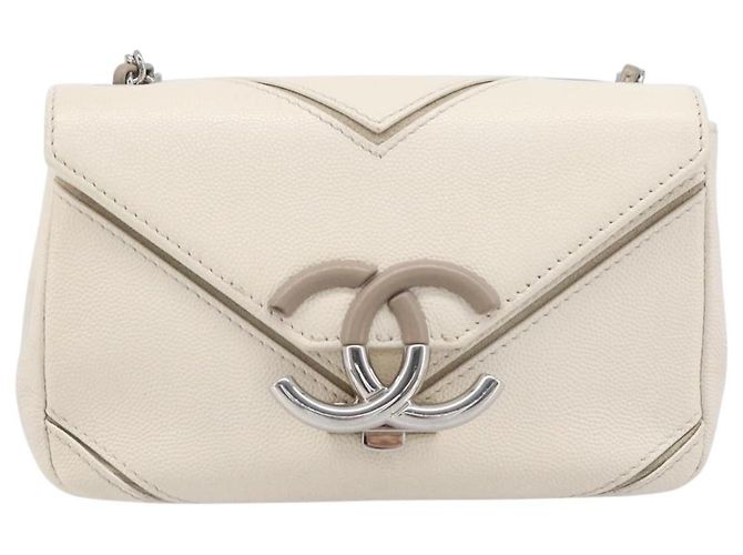 Borsa Small Flap CHANEL Macro Chevron in pelle Caviar Bianca Argento CC Auth ka6412V Bianco - vista 13