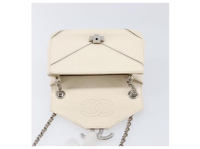 Borsa Small Flap CHANEL Macro Chevron in pelle Caviar Bianca Argento CC Auth ka6412V Bianco - vista 23