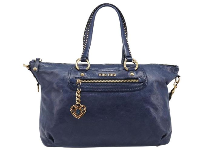 Borsa a mano Miu Miu Vitellolux 2way Navy Gold Auth 206095M D'oro Blu navy - vista 13