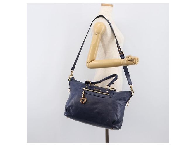 Borsa a mano Miu Miu Vitellolux 2way Navy Gold Auth 206095M D'oro Blu navy - vista 30