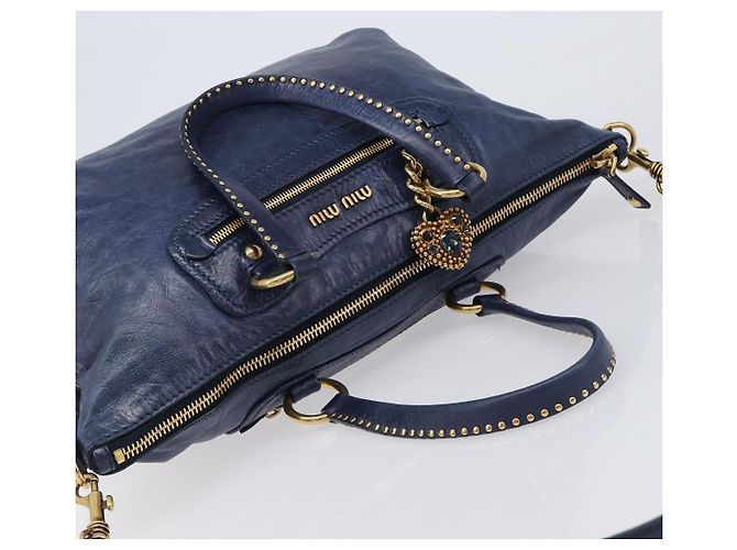 Borsa a mano Miu Miu Vitellolux 2way Navy Gold Auth 206095M D'oro Blu navy - vista 6