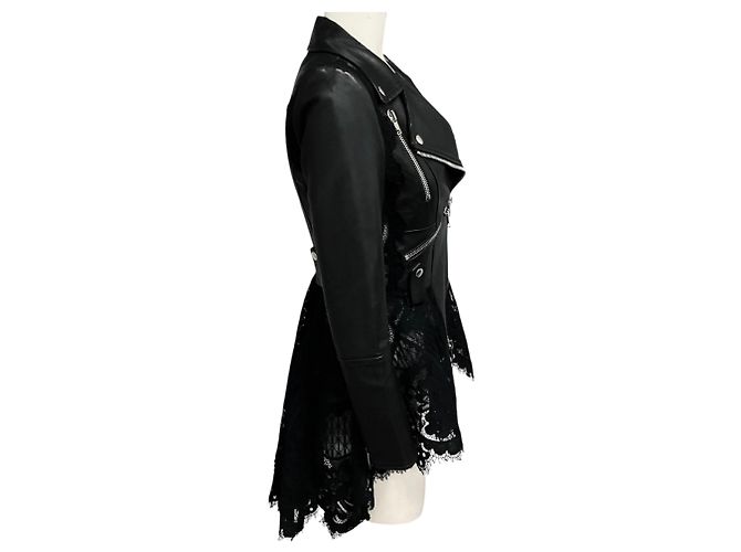 Alexander McQueen Leder-Bikerjacke mit schwarzer Spitzenborte - Ansicht 2