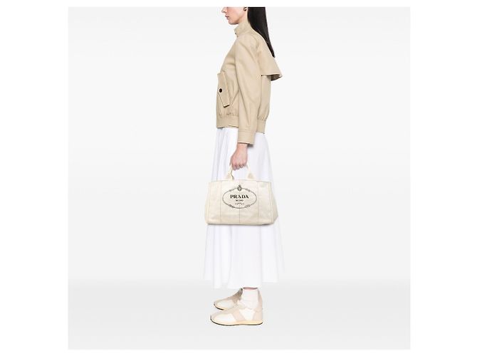 Borsa Tote Satchel Prada Large Canvas Canapa Logo Bianca Bianco - vista 6