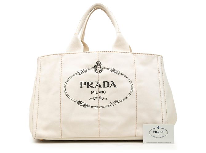 Borsa Tote Satchel Prada Large Canvas Canapa Logo Bianca Bianco - vista 7