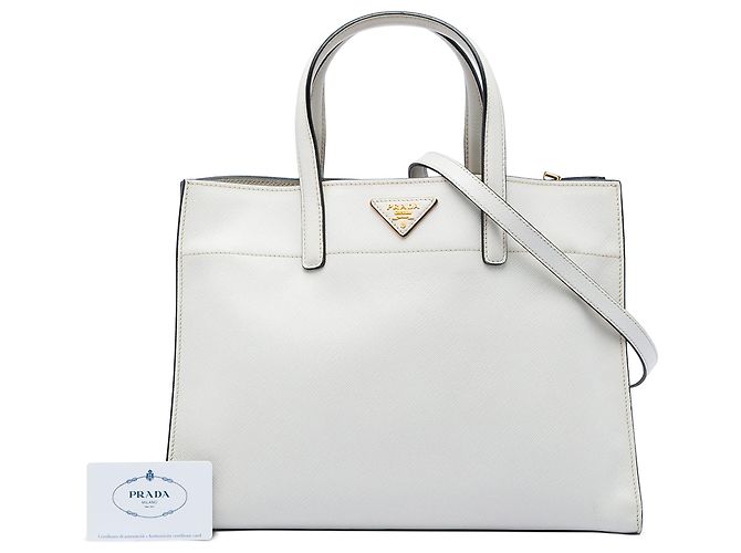 Prada Saffiano Soft Triple Pocket Tote Satchel, Weiß - Ansicht 7