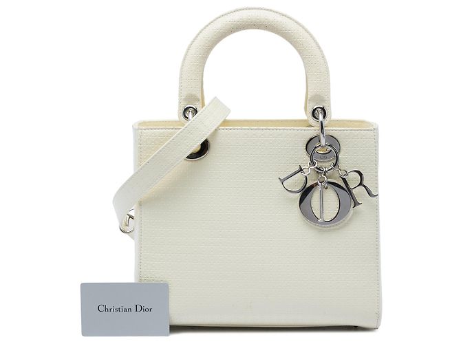 Autre Marque Borsa Lady Dior Medium in pelle verniciata Microcannage bianca Bianco - vista 6