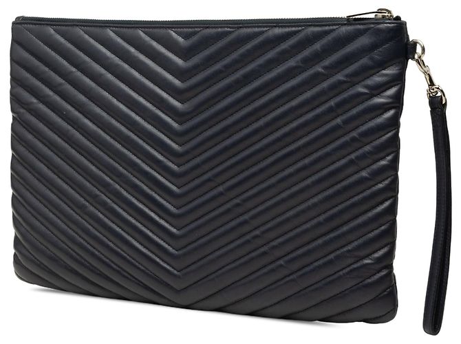 Autre Marque Borsa clutch porta documenti Saint Laurent in pelle blu con monogramma e chevron - vista 2