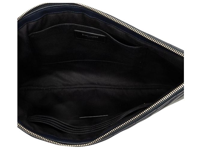 Autre Marque Borsa clutch porta documenti Saint Laurent in pelle blu con monogramma e chevron - vista 4