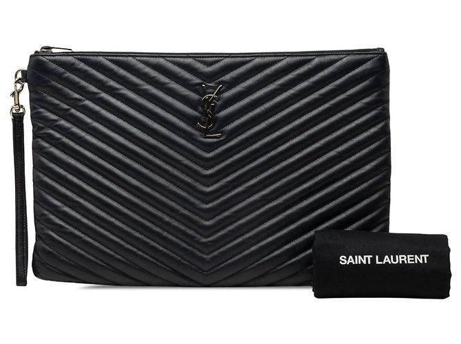 Autre Marque Borsa clutch porta documenti Saint Laurent in pelle blu con monogramma e chevron - vista 7
