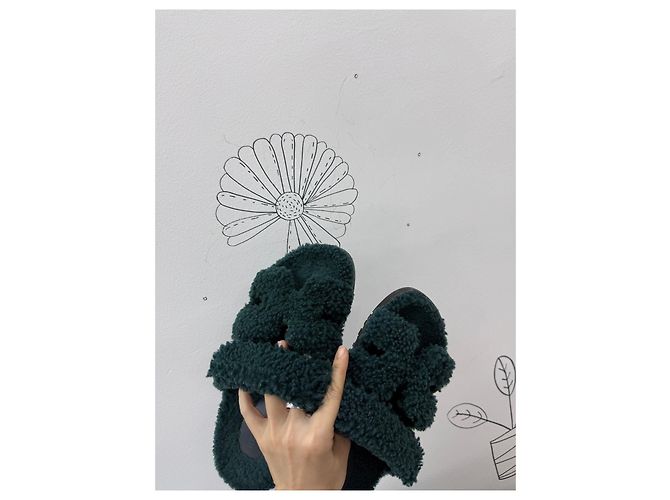 Sandali Hermès Teddy fleece verdi in eco-pelliccia 37 Multicolore - vista 3