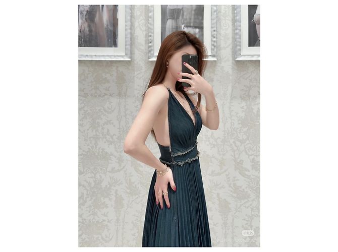 Autre Marque Dior Kleid aus schwarzem Denim plissiert Mehrfarben - Ansicht 7